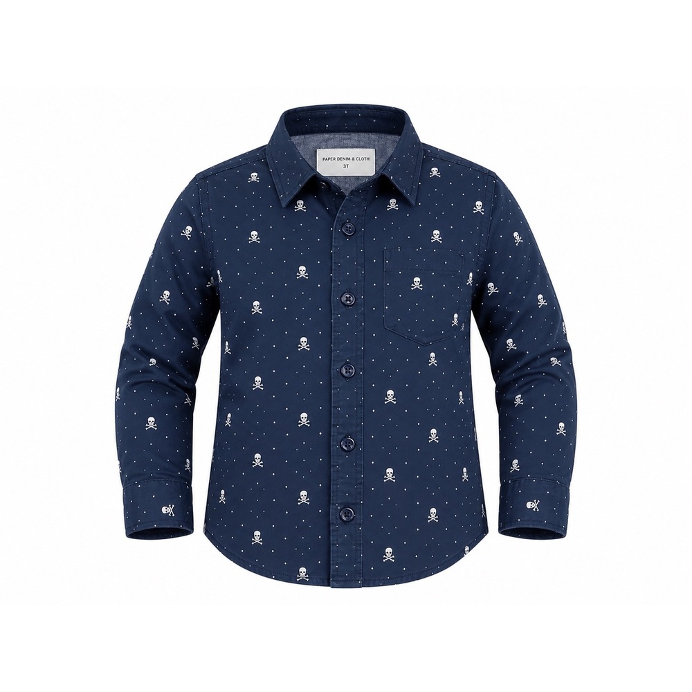 Boys Navy Skull Crossbones Polka Dot Button Down Shirt 3T gothic punk rock edgy